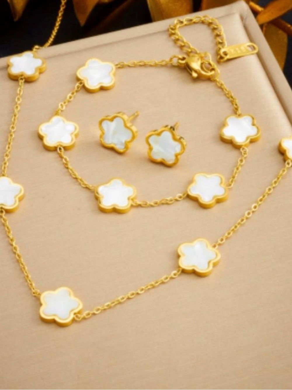 Gold Floral Clover Necklace with White Inlay